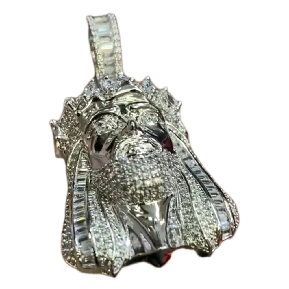 Jesus Pendant/ White Gold Plated .925 Sterling Silver w Mossinite Clear Stones